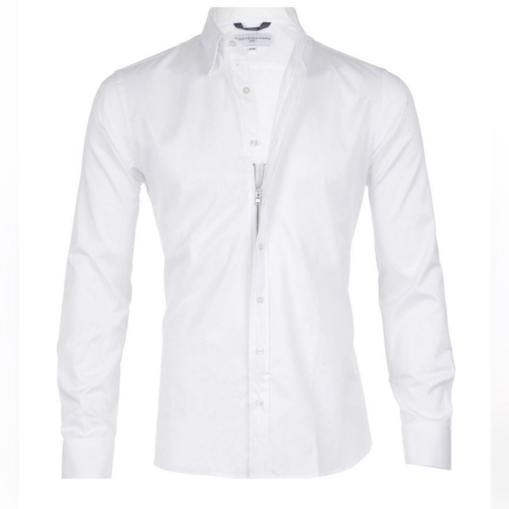 Teddy Stratford Men’s Classic White Dress Shirt Button/Zipper Closure Medium